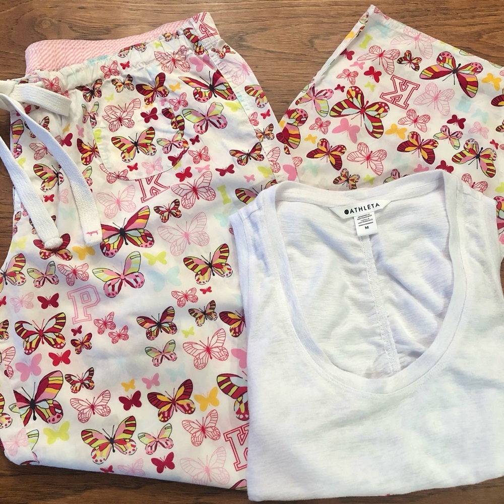 PINK Victoria's Secret White Butterfly Print Pajama Pants and an ATHLETA Tank